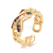 Brass Micro Pave Cubic Zirconia Open Cuff Rings, Golden, US Size 7 1/4(17.5mm)(RJEW-K263-23G)