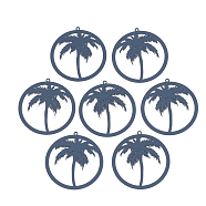 430 Stainless Steel Filigree Pendants, Spray Painted, Etched Metal Embellishments, Ring with Coconut Tree, Medium Blue, 37x35x0.5mm, Hole: 1.4mm(X-STAS-S108-13B)