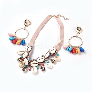 Shell and Conch Jewelry Sets, Earrings & Necklaces, with Ribbon, Alloy and Iron Findings, Colorful, 19.6 inches(50cm), 13mm, 108mm, Pin: 1mm(SJEW-WH0003-02)