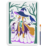 US 1Pc Halloween PET Hollow Out Drawing Painting Stencils, with 1Pc Art Paint Brushes, for DIY Scrapbook, Photo Album, Witch, 297x210mm, 1pc(DIY-MA0003-89D)