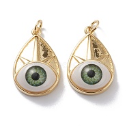 Brass Pendants, with Acrylic and Jump Rings, Real 18K Gold Plated, Eye, Long-Lasting Plated, Green, 24.5x16x7.5mm, Hole: 3mm, Jump Ring: 5x1mm(KK-Z006-02D)