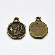 Antique Bronze Plated Alloy Rhinestone Charms, Flat Round with Letter.Q, Nickel Free, 13x10x1.5mm, Hole: 1mm(ALRI-J152-Q-NF)