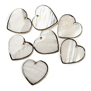 Natural Freshwater Shell Pendants, Heart Charms with Light Gold Plated Brass Edge, Seashell Color, 34x35x2.5mm, Hole: 1.8mm(BSHE-Z005-11)