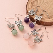 Butterfly Alloy Dangle Earrings, with Natural Gemstone Bead and Brass Earring Hooks, 49mm, Pin: 0.6mm(EJEW-JE01952)