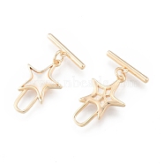 Brass Shell Toggle Clasps, Creamy White, Cadmium Free & Nickel Free & Lead Free, Star, Real 18K Gold Plated, Star: 22.5x15x2.5mm, Hole: 1.2mm, Bar: 17x4x2mm, Hole: 1.2mm(KK-N216-519)
