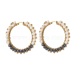 Glass Beads Braided Big Hoop Earrings, 304 Stainless Steel Wire Wrap Jewelry for Women, Golden, Black, 48x48.5x9mm, Pin: 1.1x0.6mm(EJEW-JE04848-01)