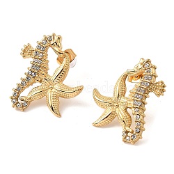 304 Stainless Steel Rhinestone Stud Earrings for Women, Starfish with Sea horse, Left and Right, Golden, 27x24mm(STAS-Z101-09G)