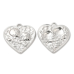 304 Stainless Steel Pendants, Textured, Heart with Skull Charm, Stainless Steel Color, 20x20.5x2mm, Hole: 2.5mm(STAS-Z041-17P)