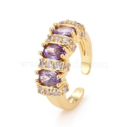 Bling Violet Cubic Zirconia Cuff Rings, Brass Open Rings for Women , Real 18K Gold Plated, US Size 6 1/4(16.7mm)(KK-Z023-08G)
