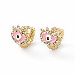 Clear Cubic Zirconia Evil Eye Hoop Earrings with Enamel, Real 18K Gold Plated Brass Jewelry for Women, Lead Free & Cadmium Free, Pink, 11x13x12mm, Pin: 1mm(EJEW-I270-12G-06)