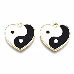 Rack Plating Alloy Enamel Pendants, Cadmium Free & Lead Free, Heart with Yin Yang, Light Gold, White, 18.5x18.5x2mm, Hole: 1.5mm(ENAM-T014-02A-RS)