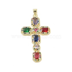 Real 18K Gold Plated Brass Micro Pave Random Color Cubic Zirconia Pendants, with Glass, Cross, Colorful, 45.5x26.5x4.5mm, Hole: 3.3x4.1mm(KK-A209-07D-G)