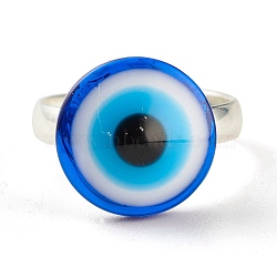 Flat Round with Evil Eye Resin Adjustable Ring, Protection Lucky Brass Finger Ring for Women, Platinum, Blue, US Size 4 1/4(15mm)(RJEW-JR00406)