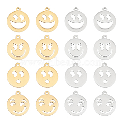 DICOSMETIC 16Pcs 8 Style Ion Plating(IP) 201 Stainless Steel Pendants, Cut, Flat Round with Expression, Golden & Stainless Steel Color, 17.5x15x1mm, Hole: 1.5mm, 2pcs/style(STAS-DC0006-10)