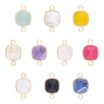 10Pcs 10 Styles Mixed Gemstone Connector Charms, Faceted Square & Square Links with Golden Plated Brass Findings, 21x13x5~5.5mm, Hole: 2.5mm, 1pc/style