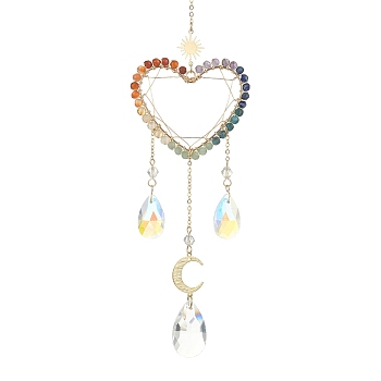 Wire Wrapped Chakra Gemstone & Brass Pendant Decorations, with Glass Charm, For Home Decorations, Heart, 301mm