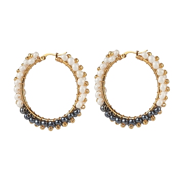 Glass Beads Braided Big Hoop Earrings, 304 Stainless Steel Wire Wrap Jewelry for Women, Golden, Black, 48x48.5x9mm, Pin: 1.1x0.6mm