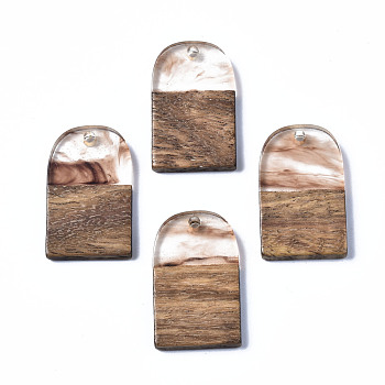Transparent Resin & Walnut Wood Pendants, Two Tone, Half Oval, Chocolate, 26x16x3mm, Hole: 2mm