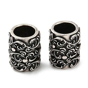 Eco-Friendly Brass European Beads, Large Hole Beads, Cadmium Free & Lead Free, Column with Flower, Antique Silver, 10x8mm, Hole: 5mm