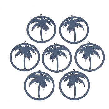 430 Stainless Steel Filigree Pendants, Spray Painted, Etched Metal Embellishments, Ring with Coconut Tree, Medium Blue, 37x35x0.5mm, Hole: 1.4mm