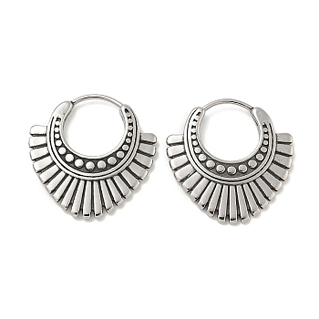 316 Surgical Stainless Steel Hoop Earrings, Carved Fan Shape, Antique Silver, 22x21.5mm