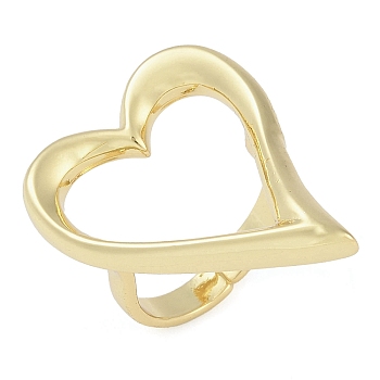 Hollow Heart Brass Open Cuff Ring, for Women, Real 18K Gold Plated, Haert: 25x31.5mm, Adjustable