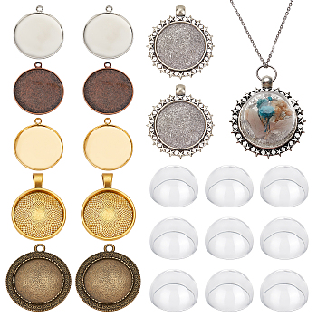 DIY Blank Photo Pendant Making Kit, Including Brass & Alloy Flat Round Pendant Cabochons Settings, Glass Dome, Mixed Color, 24Pcs/box