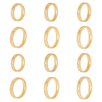 12Pcs 6 Size Crystal Rhinestone Grooved Finger Rings Set, Stainless Steel Jewelry for Women, Golden,  Inner Diameter: 16~21.2mm, 2Pcs/size