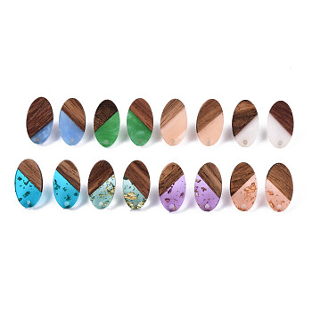 Resin & Walnut Wood Stud Earring Findings, with 304 Stainless Steel Pin, Oval, Mix Style, Mixed Color, 20x11mm, Hole: 1.8mm, Pin: 0.7mm