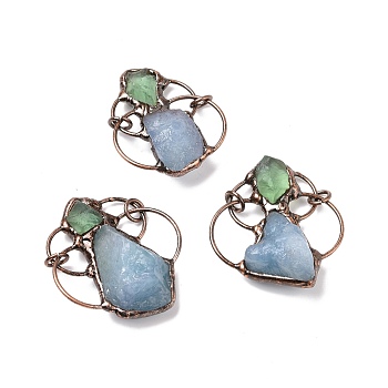 Natural Amazonite & Green Fluorite Big Pendants, with Red Copper Tone Brass Findings, Jump Rings, Cadmium Free & Lead Free, Nuggets, 51.5~56x42~50x16.5~19mm, Hole: 6mm