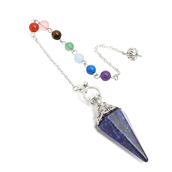 1Pc Natural Lapis Lazuli Hexagonal Pointed Dowsing Pendulums, with Platinum Plated Brass Findings, Faceted, Cone/Spike/Pendulum, 291mm