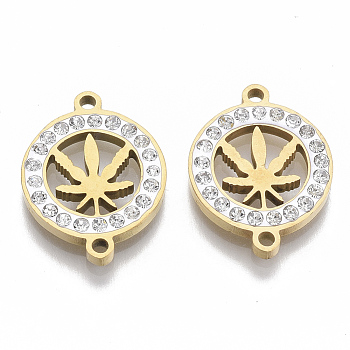 201 Stainless Steel Links connectors, with Polymer Clay Crystal Rhinestone, Flat Round with Hemp Leaf, Golden, 20x15x2.5mm, Hole: 1.6mm