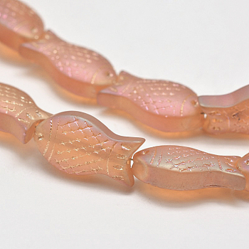 Frosted Electroplate Glass Fish Beads Strands, AB Color Plated, Salmon, 15x8x5mm, Hole: 1mm, about 30pcs/strand, 16 inch