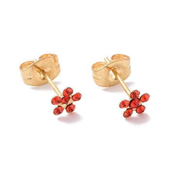 Rhinestone Flower Stud Earrings with 316L Surgical Stainless Steel Pins, Gold Plated 304 Stainless Steel Jewelry for Women, Ruby, 5x5mm, Pin: 0.7mm