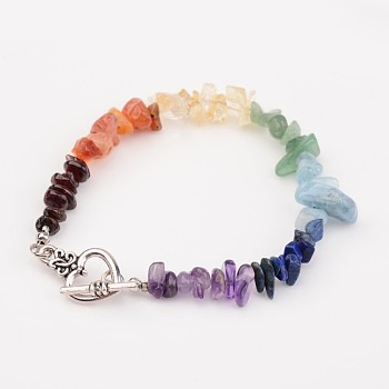 Chip Natural Gemstone Beads Bracelets, with Tibetan Style Alloy Bar & Ring Toggle Clasps, 190mm