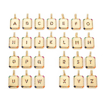 Brass Micro Pave Cubic Zirconia Pendants, Nickel Free, Rounded Rectangle with Letter A~Z, Colorful, 18.5x13x2.5mm, Hole: 3.5x3mm