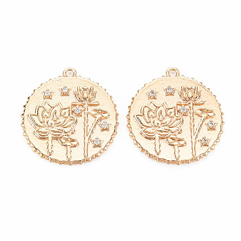 Brass Micro Pave Clear Cubic Zirconia Pendants, Nickel Free, Heart with Louts, Real 18K Gold Plated, 23x21x2mm, Hole: 1.5mm