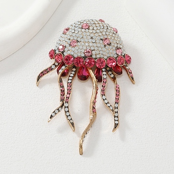 Jellyfish Alloy Rhinestones Tassel Brooches, Antique Golden, Fuchsia, 95x54.5mm