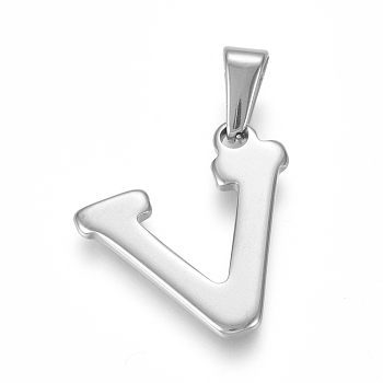 304 Stainless Steel Pendants, Stainless Steel Color, Initial Letter.V, 19.5x19.5x1.8mm, Hole: 3x7mm