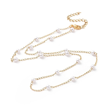 Vacuum Plating 304 Stainless Steel Beaded Necklaces, with Plastic Imitation Pearl Beads and Curb Chains, Golden, 17.72 inch(45cm)