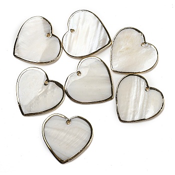 Natural Freshwater Shell Pendants, Heart Charms with Light Gold Plated Brass Edge, Seashell Color, 34x35x2.5mm, Hole: 1.8mm