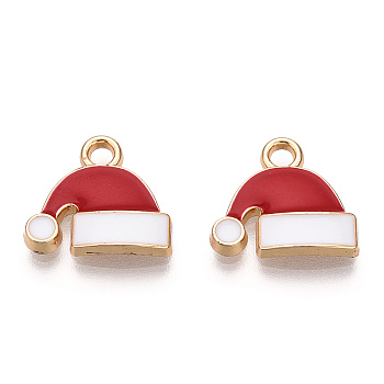 Golden Plated Alloy Enamel Charms, for Christmas, Christmas Hat, Cadmium Free & Lead Free, Red, 12x13x2.5mm, Hole: 1.8mm