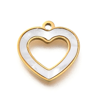 304 Stainless Steel Hollow Heart Charms, with Plastic Imitation Shell, Ion Plating(IP), Golden, 12.5x12.5x1.3mm, Hole: 1.2mm