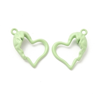 Spray Painted Alloy Pendants, Hollow Heart Charm, Pale Green, 21x15.5x0.6mm, Hole: 1.6mm