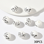 30Pcs Silicone Beads, Round with Word, White, 15mm(SIL-YW0002-25C)