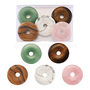 Fashewelry 5Pcs 5 Style Natural Rose Quartz & Tiger Eye & Howlite & Picture Jasper & Green Aventurine Pendants, Donut/Pi Disc, Donut Width: 15.8~16mm, 39~40x6~7mm, Hole: 8mm, 1pc/style(G-FW0001-08)