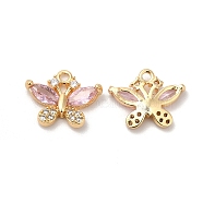 Real 18K Gold Plated Brass Pendant, with Glass, Butterfly Charms, Pink, 10.5x13x3.3mm, Hole: 1.2mm(KK-B074-72G-02)