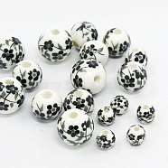 Handmade Printed Flower Porcelain Beads, Round, Black & White, 6~12mm, Hole: 2mm(PORC-Q201-6-12mm-5)