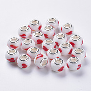 Handmade Lampwork European Beads, Large Hole Beads, with Silver Color Plated Brass Double Cores, Rondelle, Red, 14x11mm, Hole: 5mm(LAMP-S193-008E)