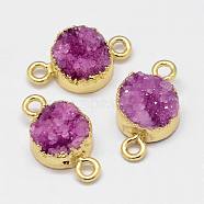 Electroplated Natural & Dyed Druzy Agate Links connectors, with Golden Plated Brass Findings, Flat Round, Medium Orchid, 16~18x10~10.5x6~7mm, Hole: 2mm(G-N0168-014B-01)
